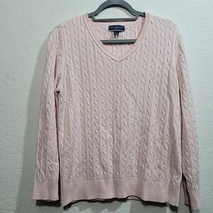 Karen Scott Pink Large Cable Knit Rope V neck sweater Pinkmas